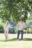 Carefree couple standing in the park holding hands