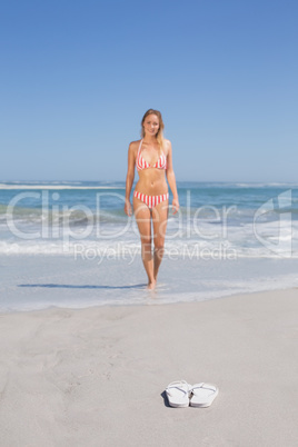 Fit woman in bikini walking from the sea