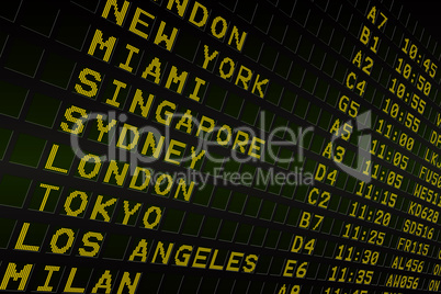 Black airport departures board with yellow text