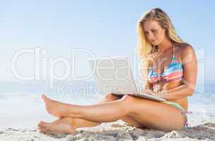 Gorgeous blonde in bikini using laptop on the beach