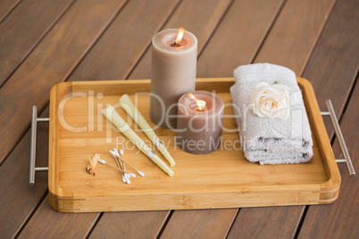 Tray of ear candling equipment