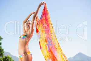 Beautiful brunette in bikini holding sarong up