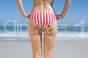 Lower rear view of fit woman in striped bikini at beach