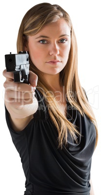 Femme fatale pointing gun at camera