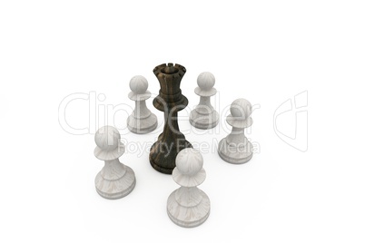 Black queen surrounded by white pawns