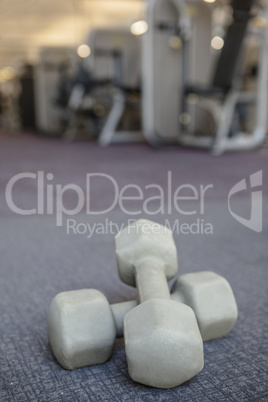 Grey dumbbells on the weights room floor