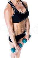 Female bodybuilder holding two dumbbells with arms down