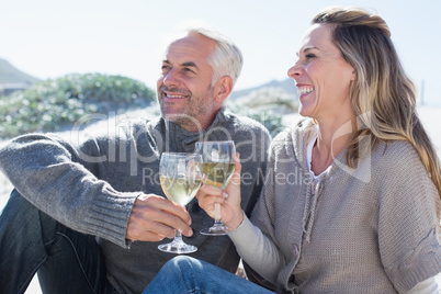 Couple enjoying white wine on picnic at the beach