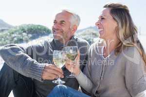 Couple enjoying white wine on picnic at the beach