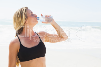 Fit blonde drinking water on the beach