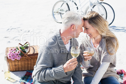 Couple enjoying white wine on picnic at the beach smiling at eac