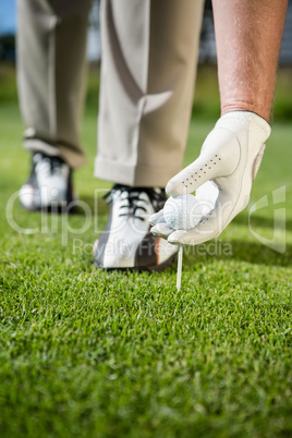 Golfer placing golf ball on tee