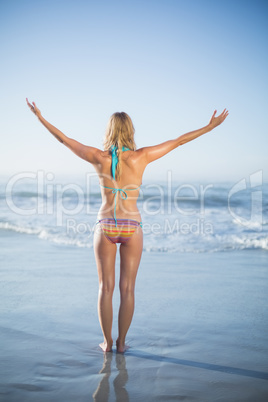 Blonde standing on the beach in bikini with arms out