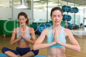 Fit women doing yoga together in studio