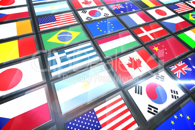 Screen collage showing international flags