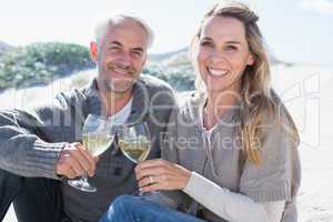 Couple enjoying white wine on picnic at the beach smiling at cam