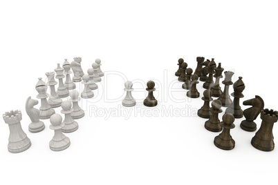 Wooden chess pieces facing off