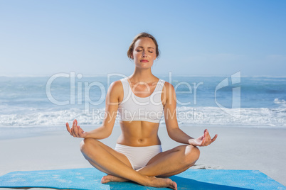 Fit woman sitting in lotus pose on the beach