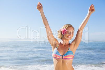 Gorgeous blonde in bikini on the beach smiling