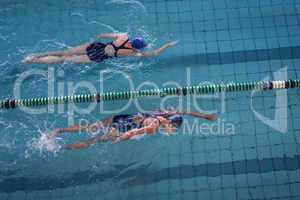 Female swimmers racing in the swimming pool