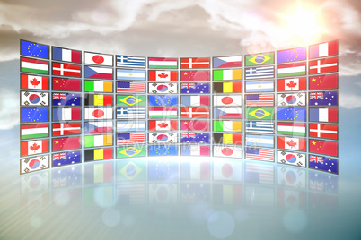 Screen collage showing international flags