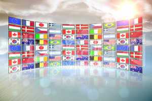 Screen collage showing international flags