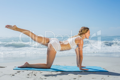 Gorgeous fit blonde in pilates pose on the beach