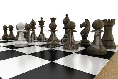 Black chess pieces on board with white pawn