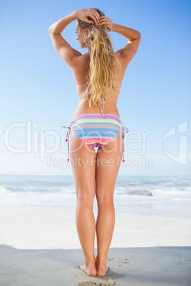 Rear view of fit woman in bikini on beach