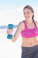 Fit woman working out with dumbbells on the beach