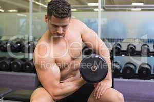 Shirtless bodybuilder lifting heavy black dumbbell