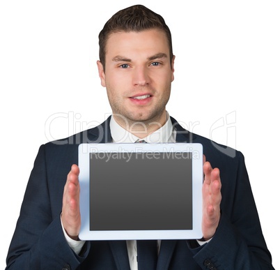 Businessman showing tablet pc screen