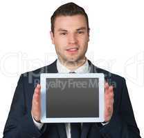 Businessman showing tablet pc screen
