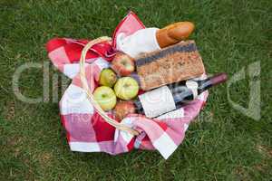 Picnic basket of red wine and bread