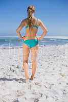 Rear view of fit woman in bikini standing on beach