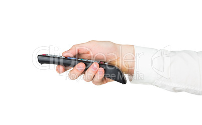 Businessman holding black remote control