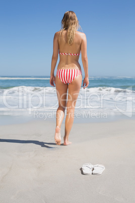 Fit woman in bikini walking towards the sea