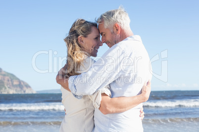 Happy couple on the beach touching faces