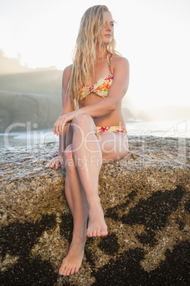 Gorgeous blonde in floral bikini sitting on a rock at beach