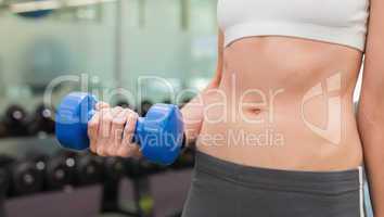 Fit woman holding blue dumbbell mid section