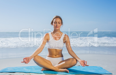 Fit calm woman sitting in lotus pose on the beach