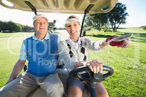 Happy golfing couple sitting in golf buggy