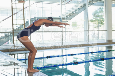 Fit swimmer about to dive into the pool