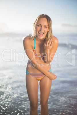 Happy blonde smiling at camera in bikini at the beach Happy blonde smiling at camera in bikini at the beach