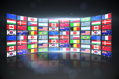 Screen collage showing international flags