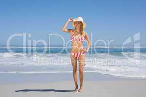 Gorgeous fit woman in striped bikini and sunhat at beach