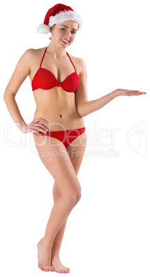 Sexy girl in bikini and santa hat presenting