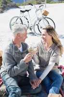 Couple enjoying white wine on picnic at the beach smiling at eac