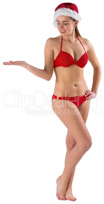 Sexy girl in bikini and santa hat presenting