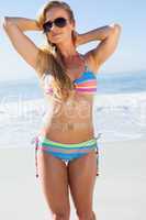 Gorgeous blonde in bikini and sunglasses on the beach posing